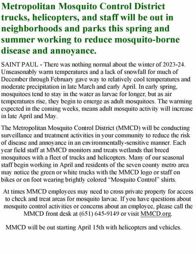 starting APril 15th, MMCD will be spraying neighborhoods for mosquitos