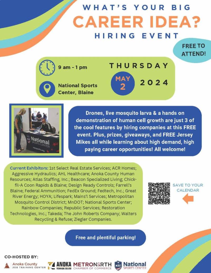 Hiring Event May 2nd from 9am to 1pm at the National Sports Center in Blaine