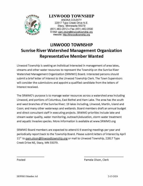 Sunrise River Watershed Managemnet Organization Representative needed