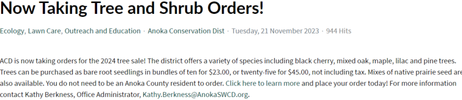 Anoka Conservation Tree Sales while supplies last!