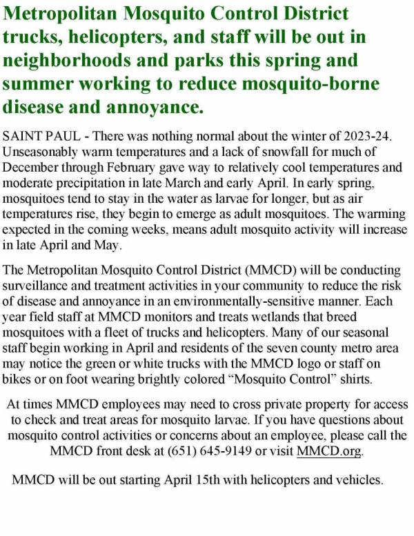 starting April 15th, MMCD will be spraying neighborhoods for mosquitos