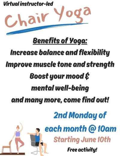 chair yoga Starting June 10th at 10 am. 2nd Monday of each month
